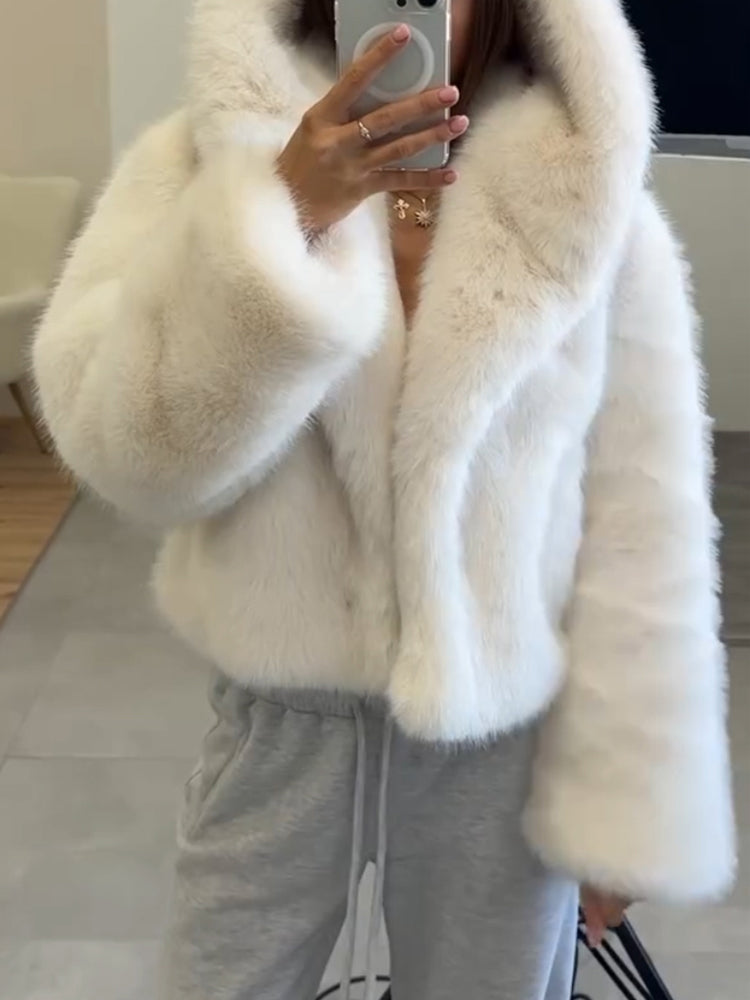 Women Hooded Solid Color Casual Plush Coat