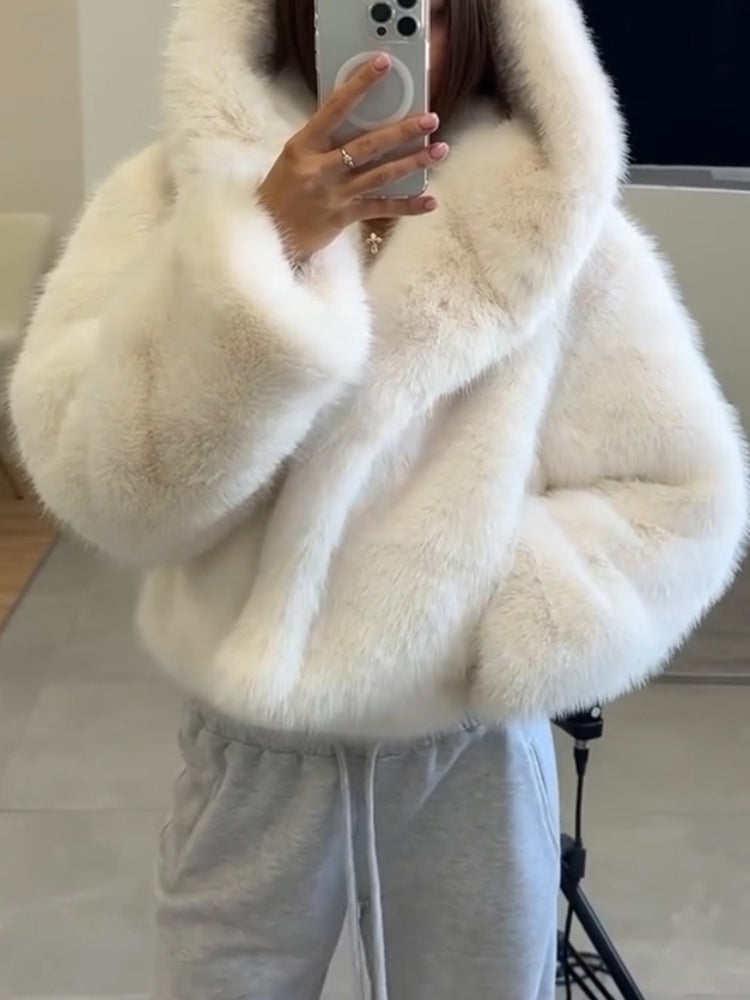 Women Hooded Solid Color Casual Plush Coat