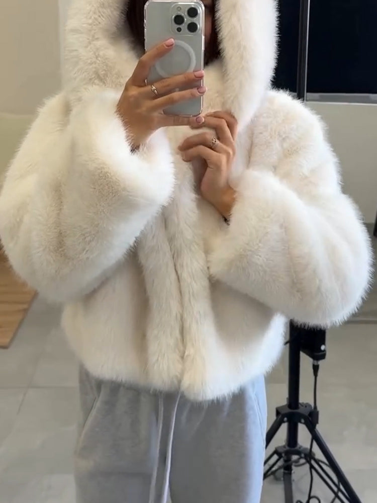 Women Hooded Solid Color Casual Plush Coat