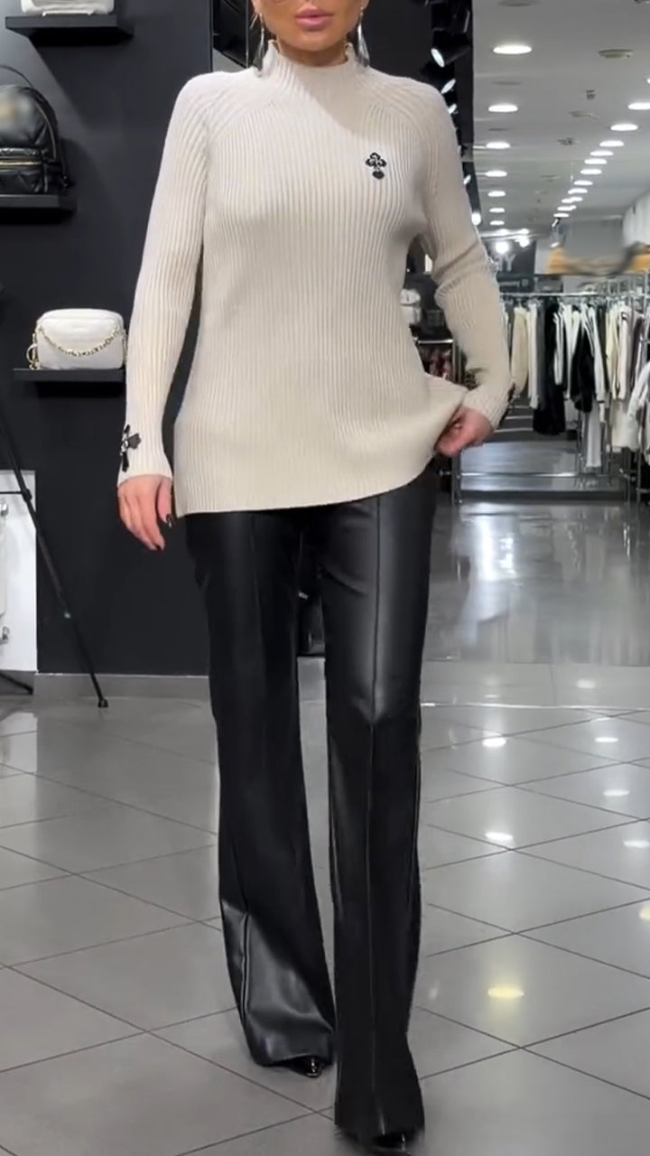 Women High Neck Knitted Sweater+ Leather Pants Casual Suit