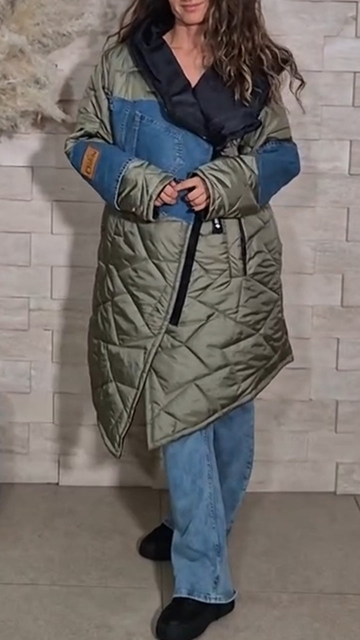 Women Hooded Patchwork Denim Casual Long Cotton Jacket