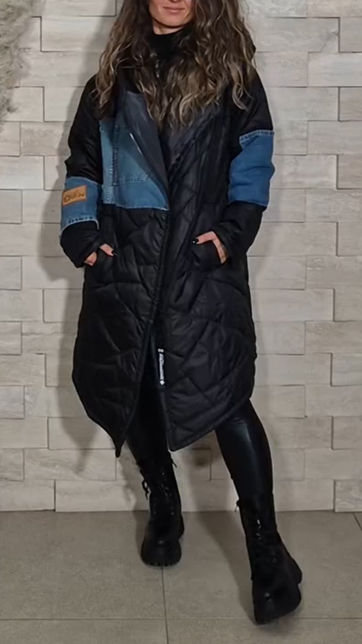 Women Hooded Patchwork Denim Casual Long Cotton Jacket