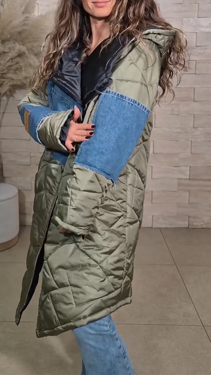 Women Hooded Patchwork Denim Casual Long Cotton Jacket