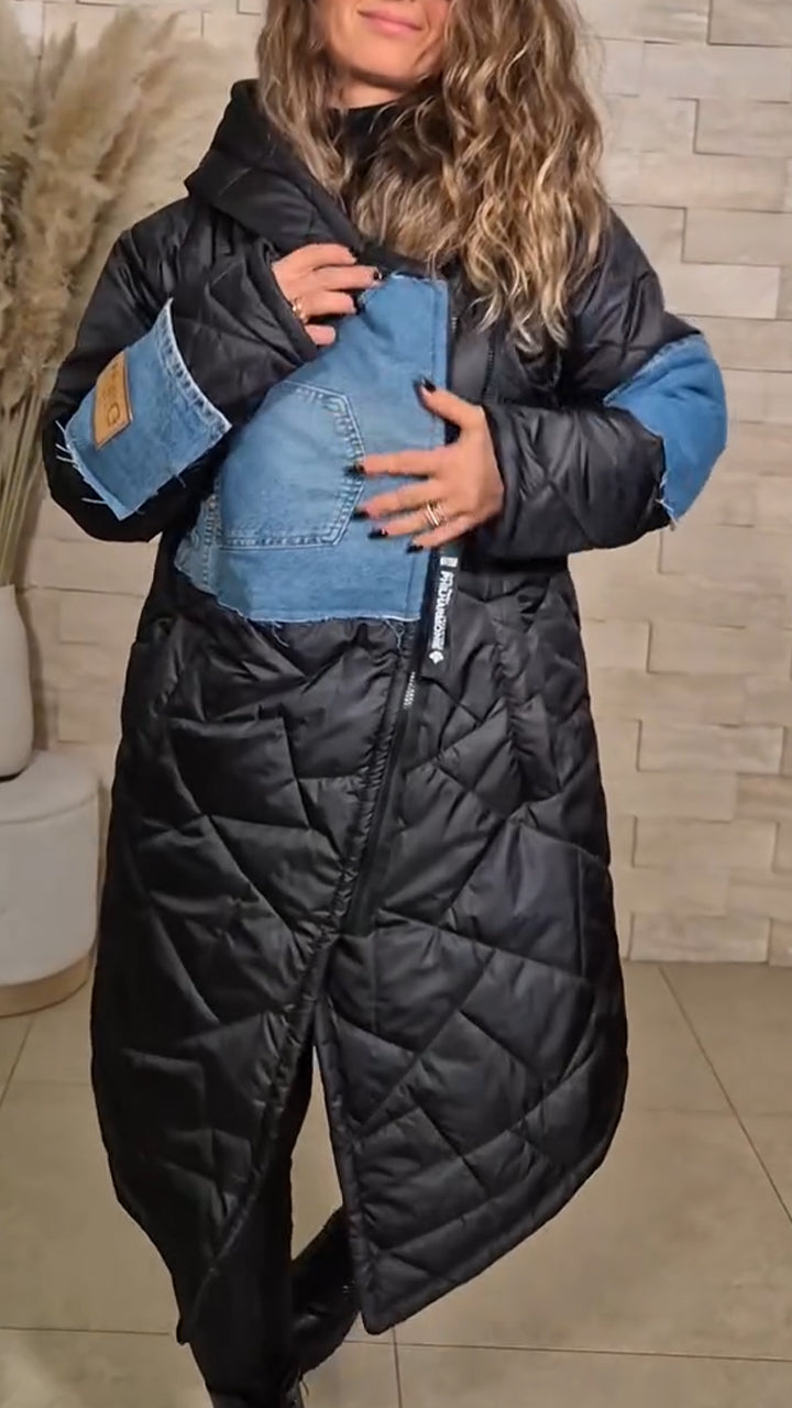 Women Hooded Patchwork Denim Casual Long Cotton Jacket