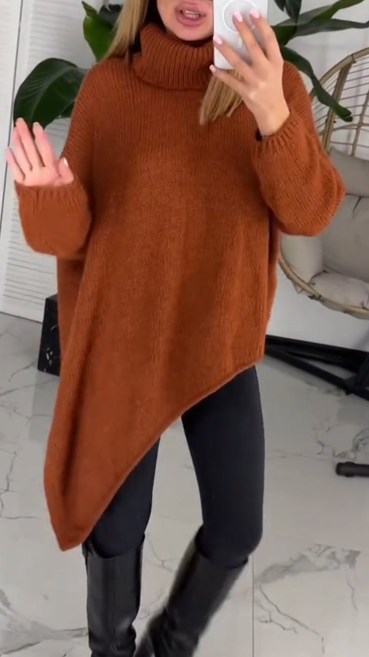 Women High Neck Irregular Solid Color Casual Sweater