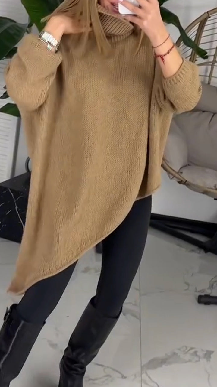 Women High Neck Irregular Solid Color Casual Sweater