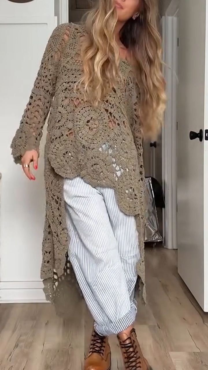 Women Round Neck Printed Hollow Out Casual Long Top