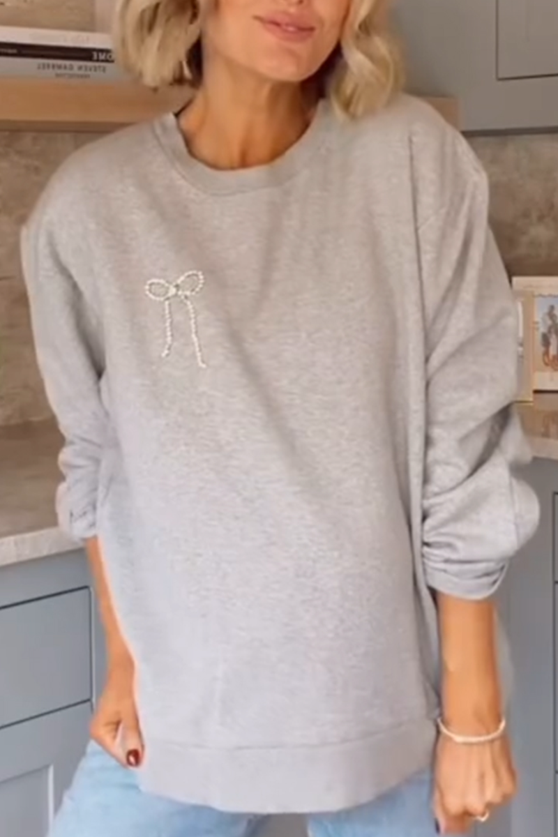 Women Round Neck Bow Tie Rhinestone Print Casual Sweatshirt