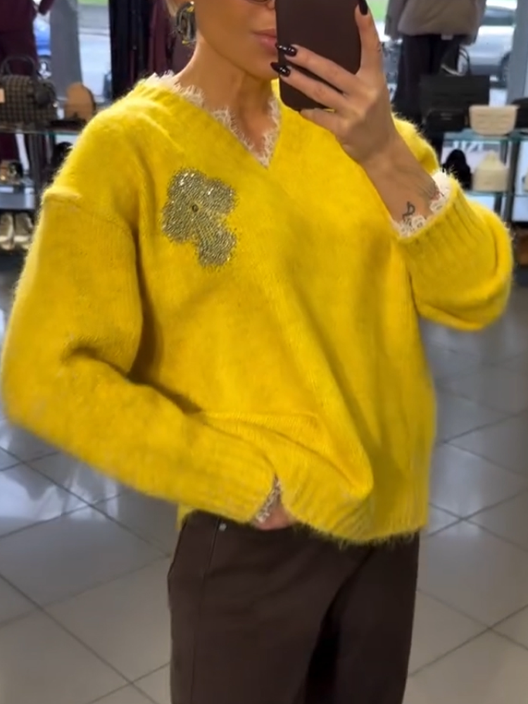 Women V-neck Rhinestone Print Casual Sweater