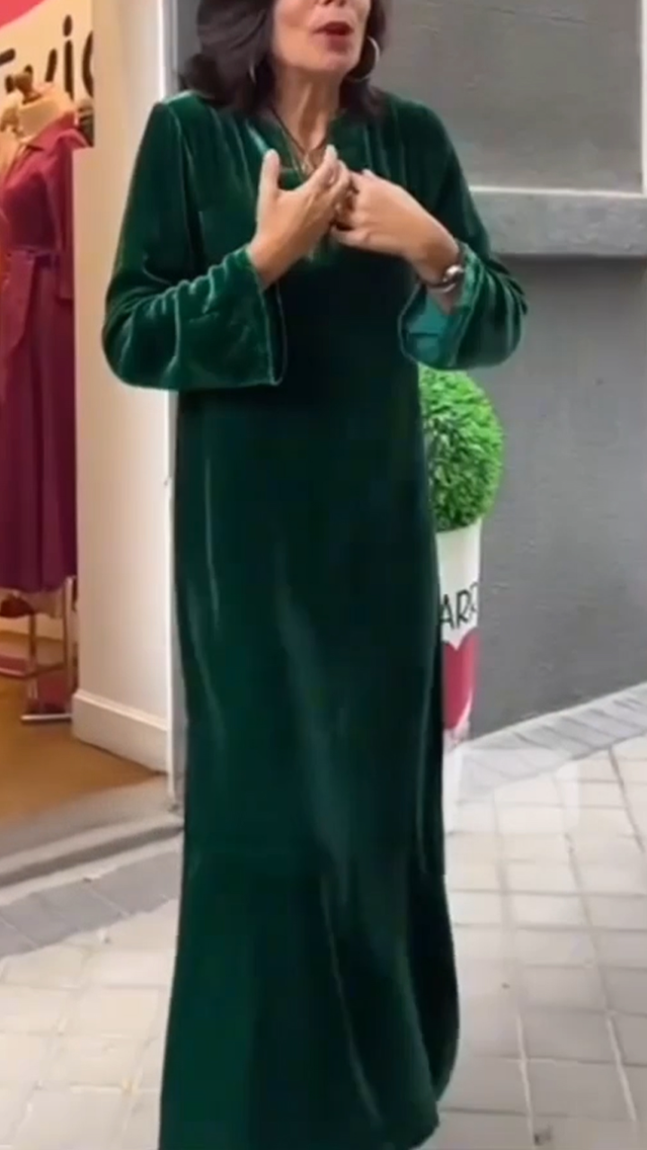 Women Round Neck Solid Color Velvet Elegant Casual Dress