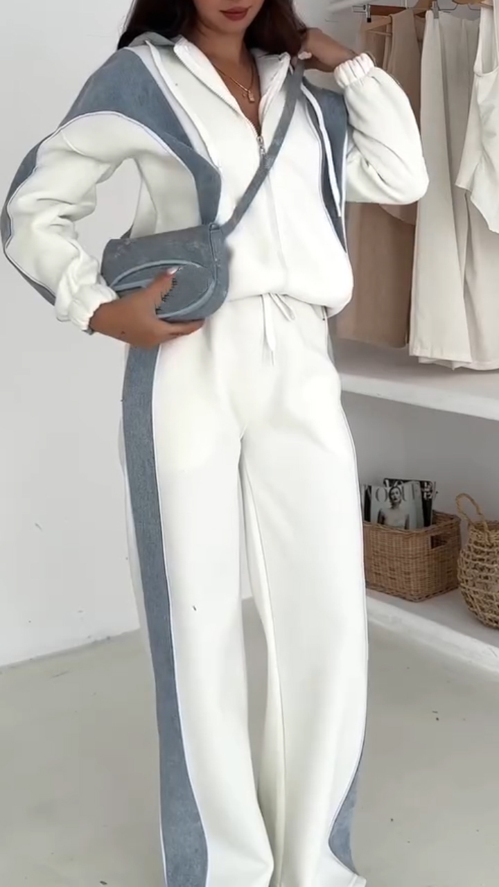 Women Hooded Spliced Jacket + Pants Casual Set