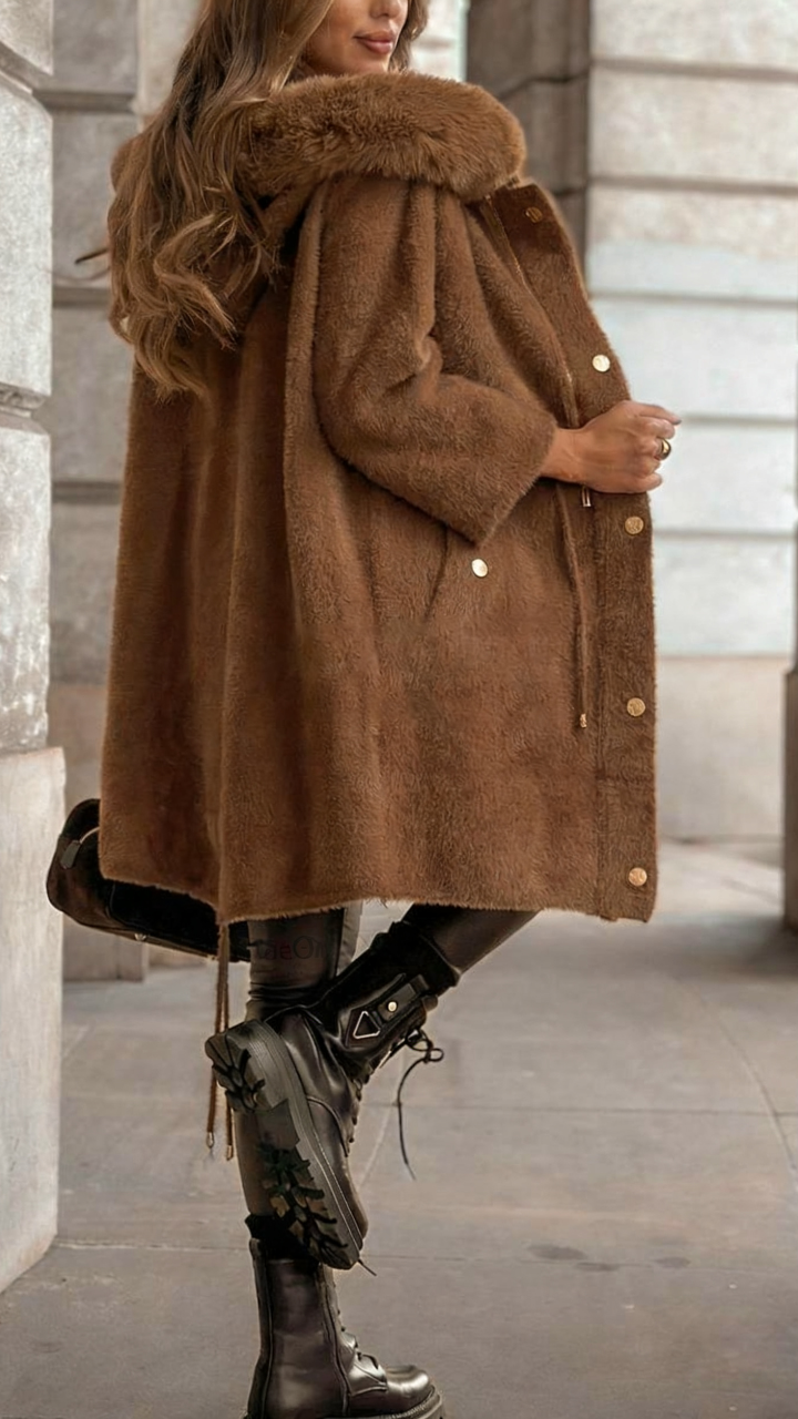 Women Fur Collar Buttoned Zippered Temperament Casual Coat