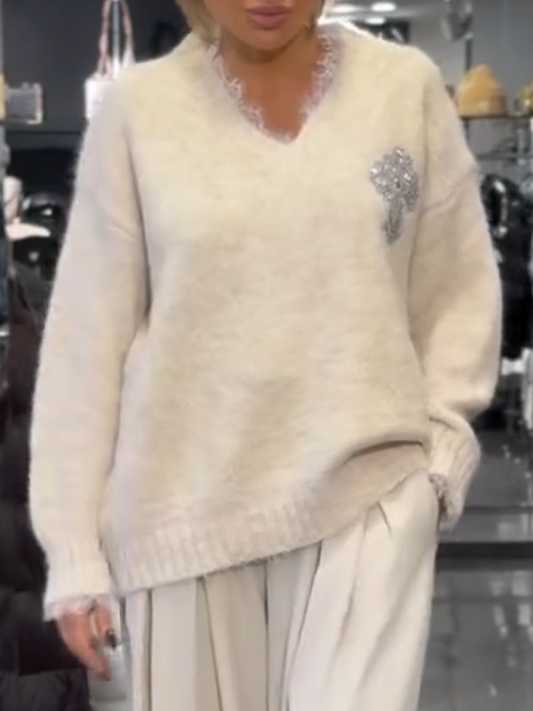 Women V-neck Rhinestone Print Casual Sweater