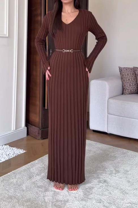 Women Casual Round V-Neck Knitted Textured Long Dress