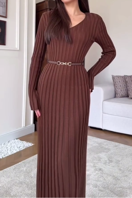 Women Casual Round V-Neck Knitted Textured Long Dress