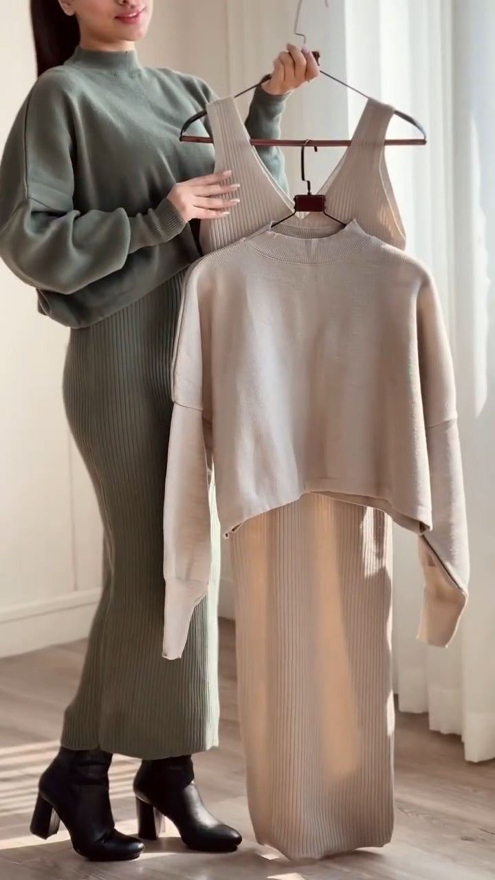 Women Inner Dress + Sweatshirt Solid Color Casual Suit