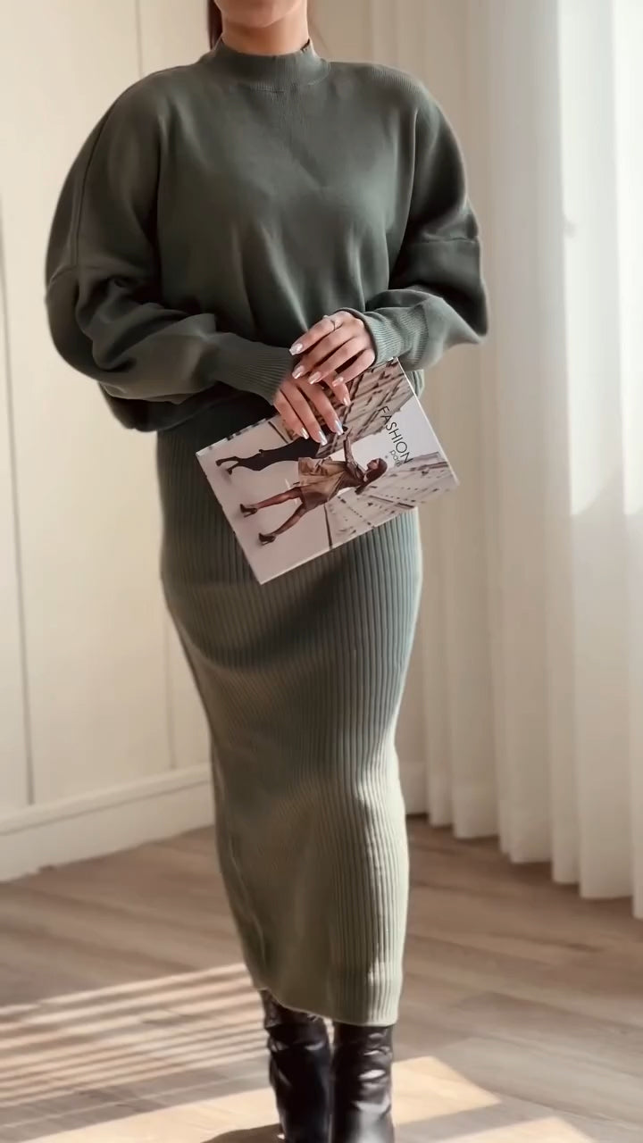Women Inner Dress + Sweatshirt Solid Color Casual Suit