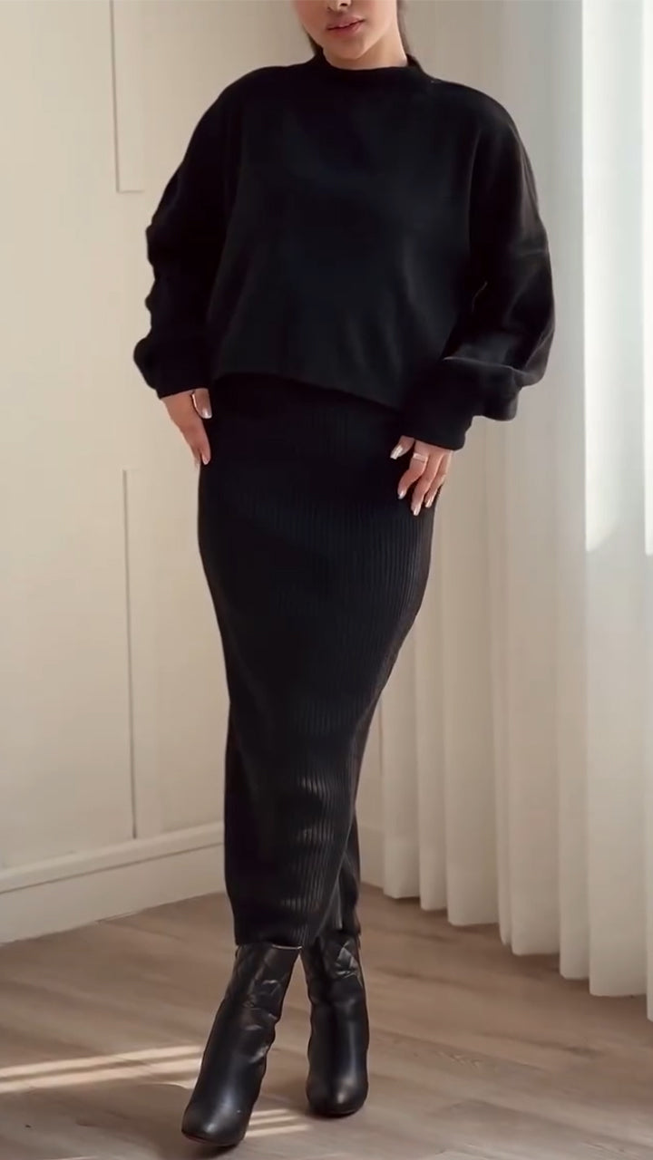 Women Inner Dress + Sweatshirt Solid Color Casual Suit