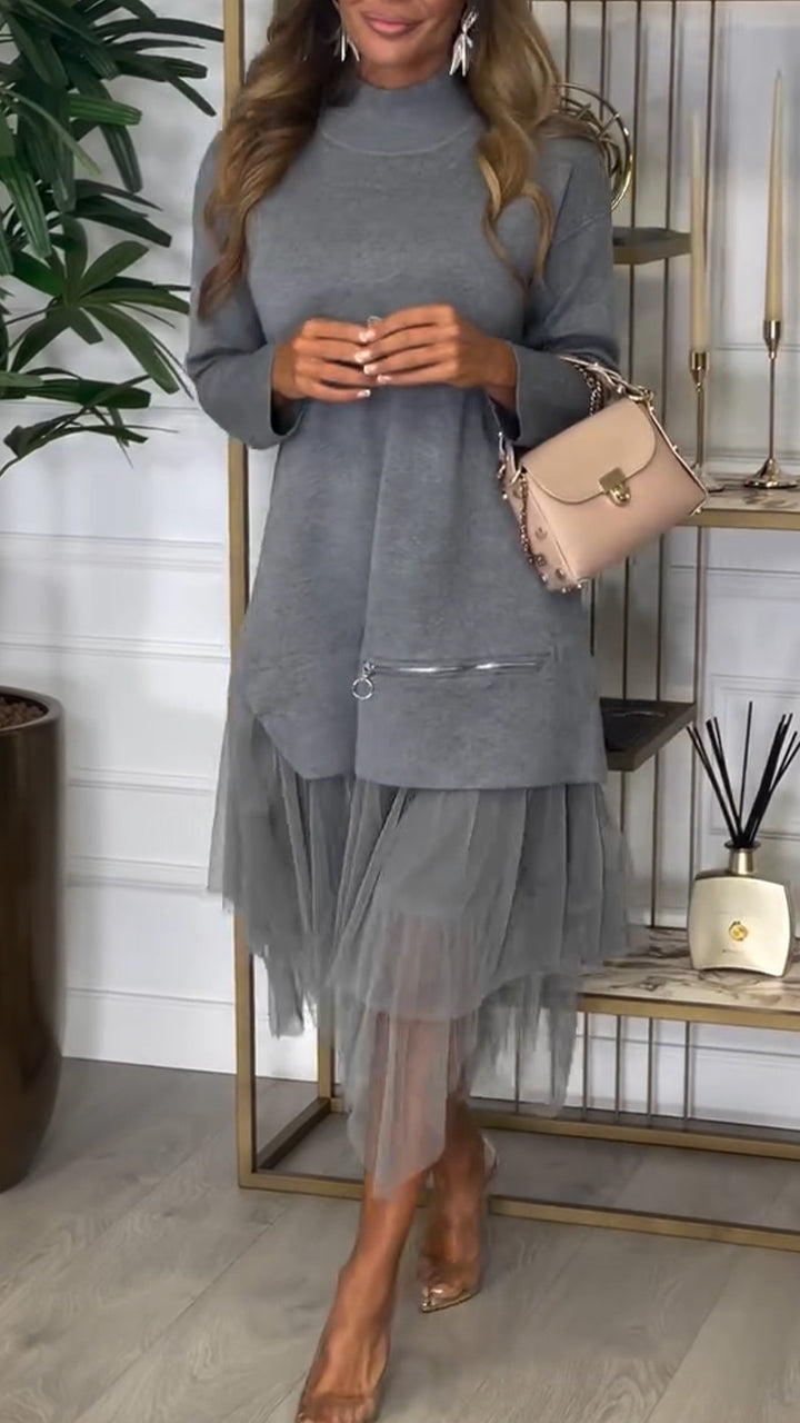 Women Round Neck Spliced mesh Casual Dress