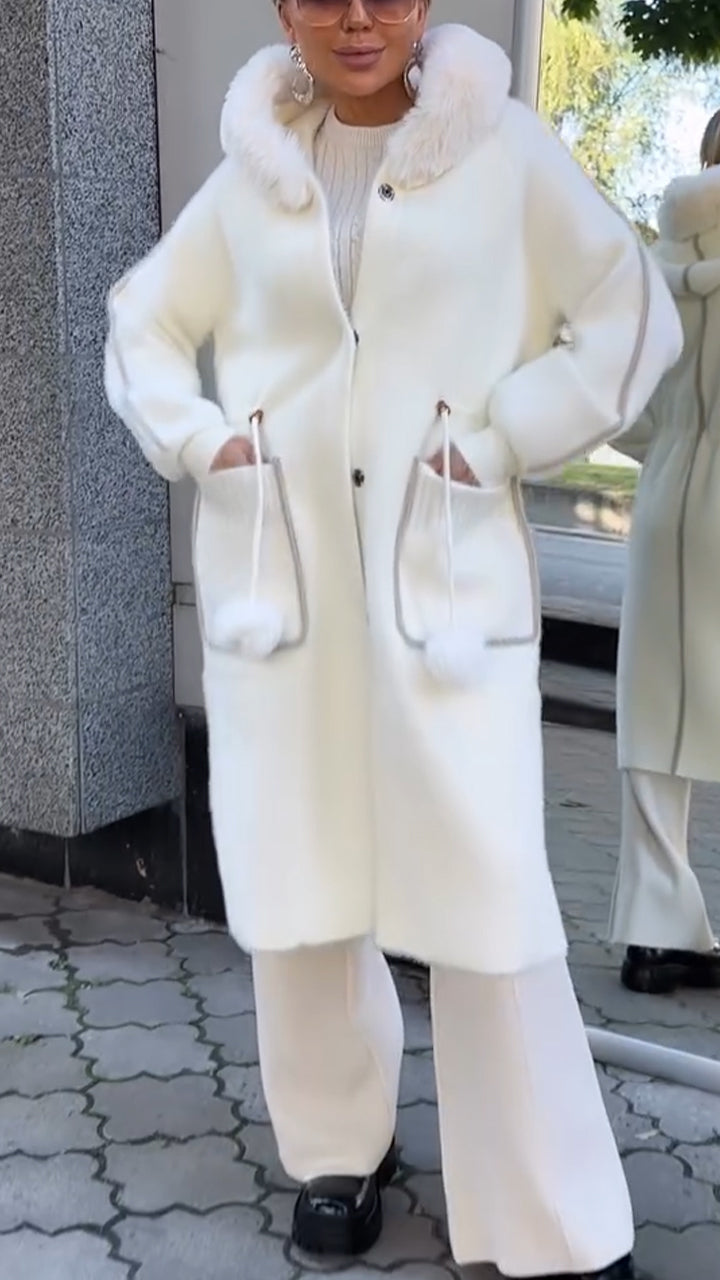 Women Fur Collar Hooded Drawstring Waist Design Temperament Casual Coat