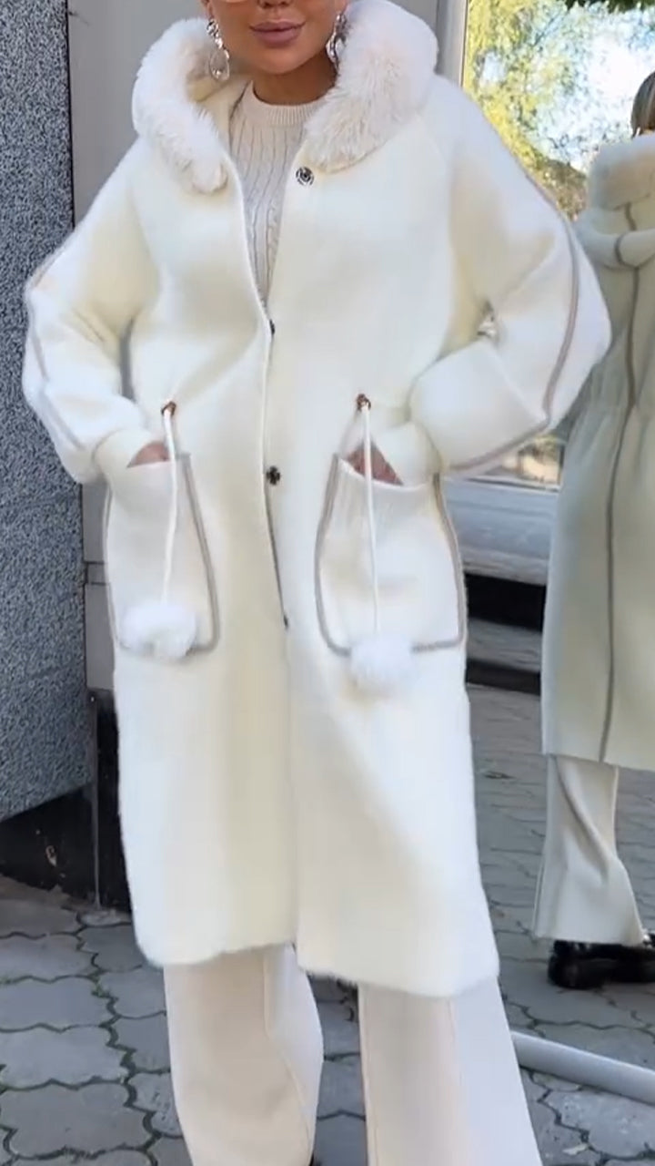 Women Fur Collar Hooded Drawstring Waist Design Temperament Casual Coat