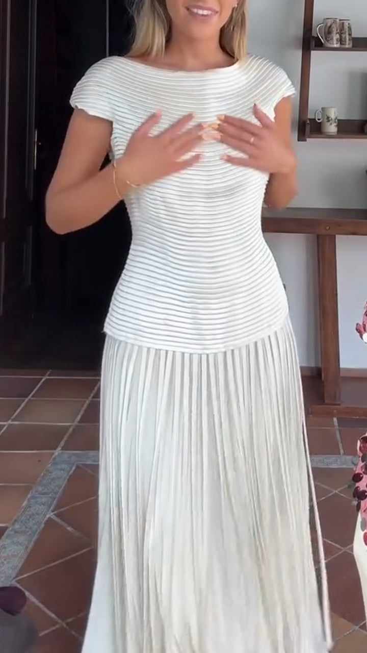 Women Round Neck Splicing Pleated Solid Color Casual Dress