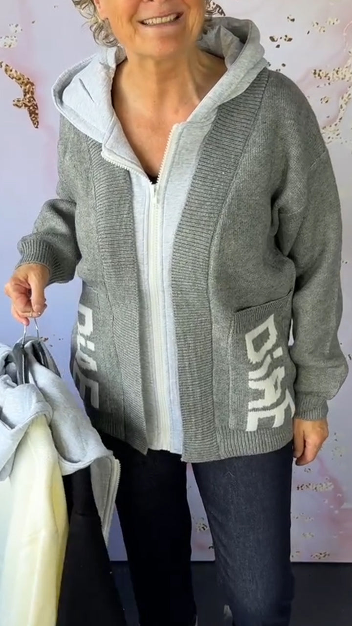 Women Round Neck Hooded Patchwork Knitted Fake Two-piece Casual Coat