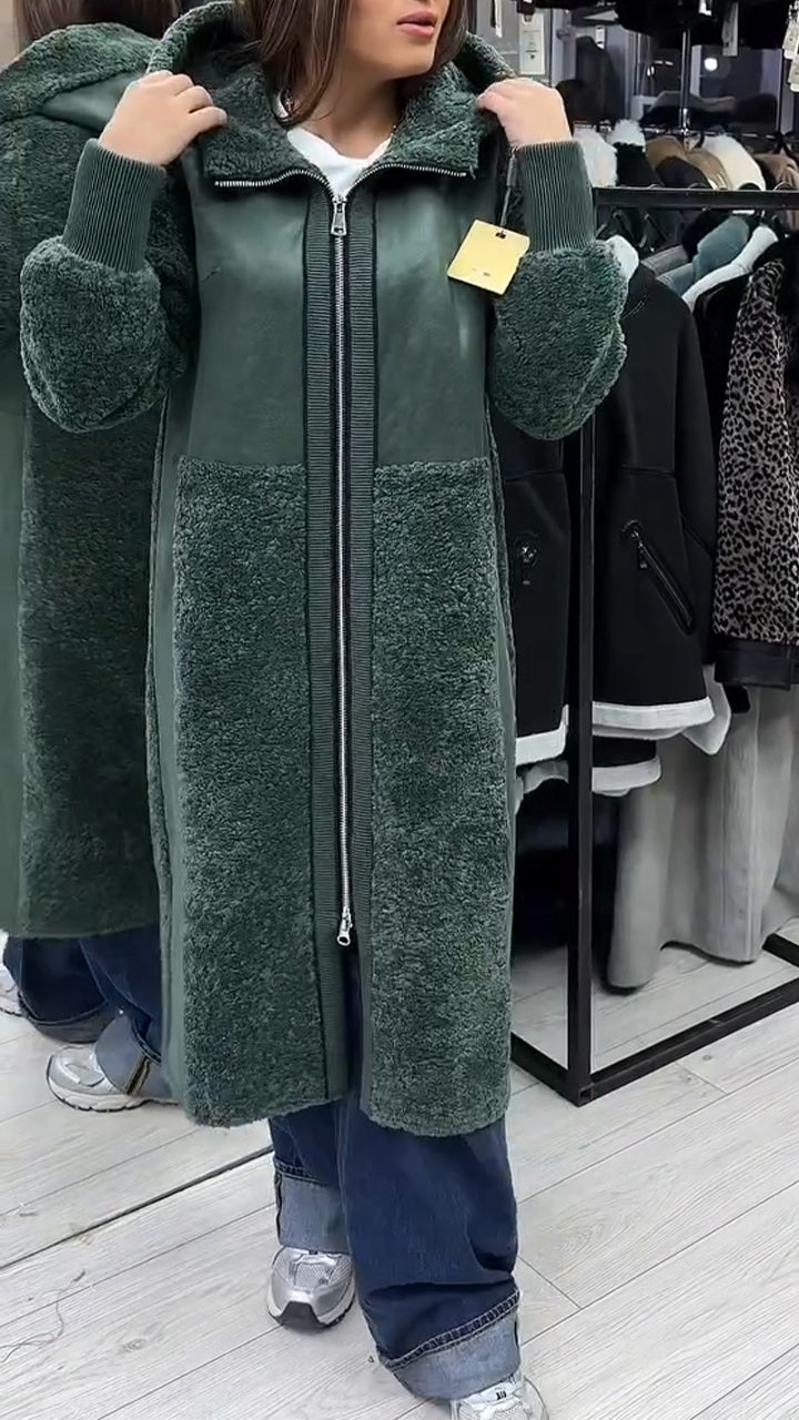 Women Hooded Spliced Plush Casual Long Coat