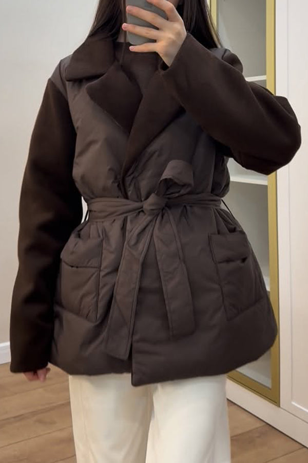Women Casual Paneled Sleeves Crossover Tie-Drawstring Warm Coat
