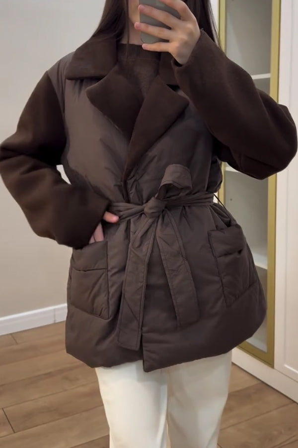 Women Casual Paneled Sleeves Crossover Tie-Drawstring Warm Coat