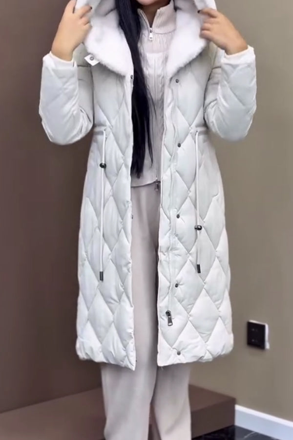 Women Casual Fur Hooded Drawstring Waist Button Slit Warm Long Coat