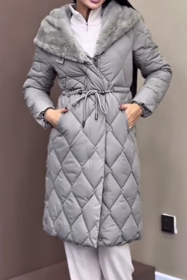 Women Casual Fur Hooded Drawstring Waist Button Slit Warm Long Coat