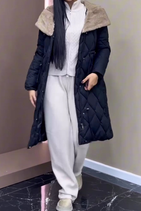 Women Casual Fur Hooded Drawstring Waist Button Slit Warm Long Coat