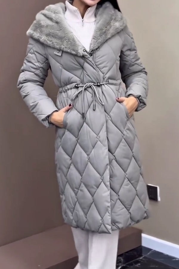 Women Casual Fur Hooded Drawstring Waist Button Slit Warm Long Coat