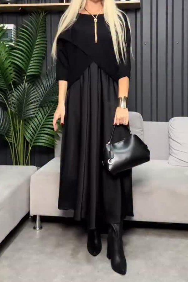 Women Casual Glossy Dress + Crossover Cape Coat Suit