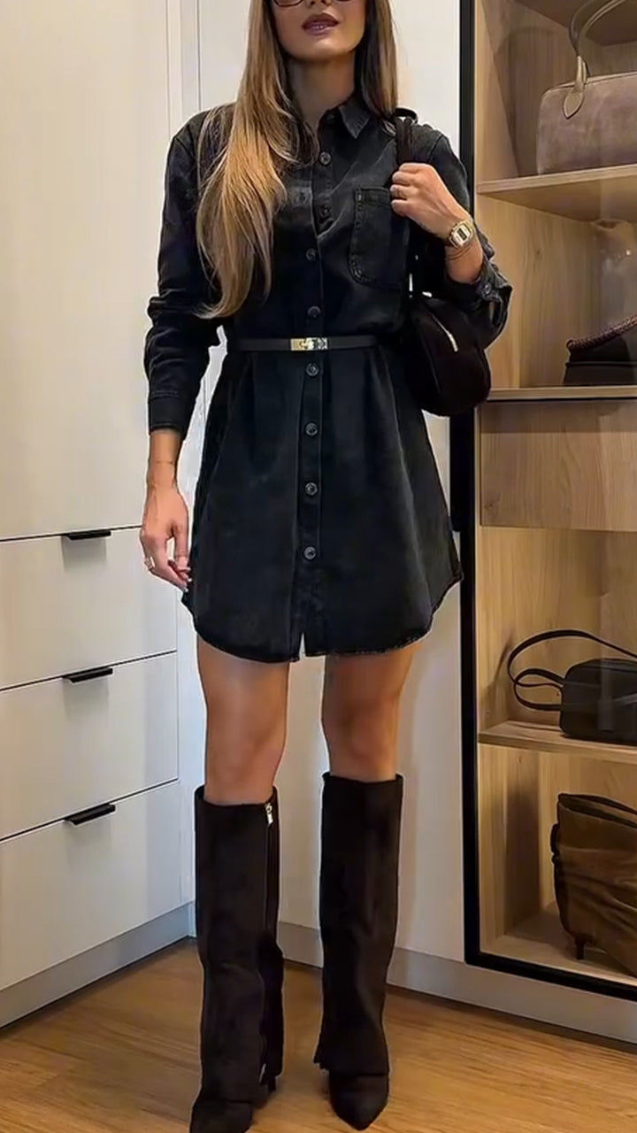 Women Lapel Buttoned Casual Dress