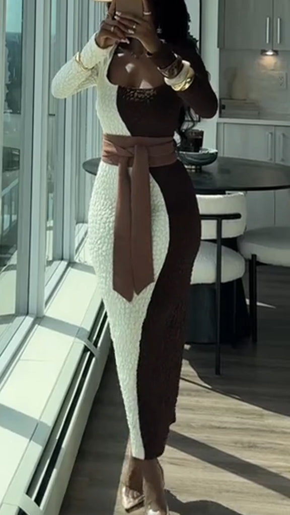 Women Square Neck Contrast Color Slim Fit Elegant Temperament Dress