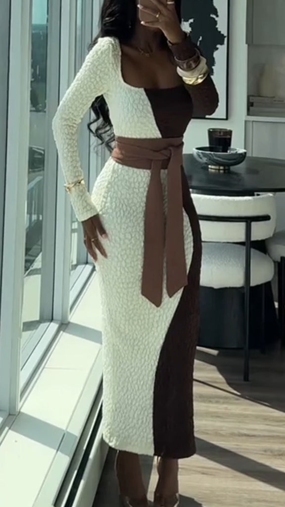 Women Square Neck Contrast Color Slim Fit Elegant Temperament Dress