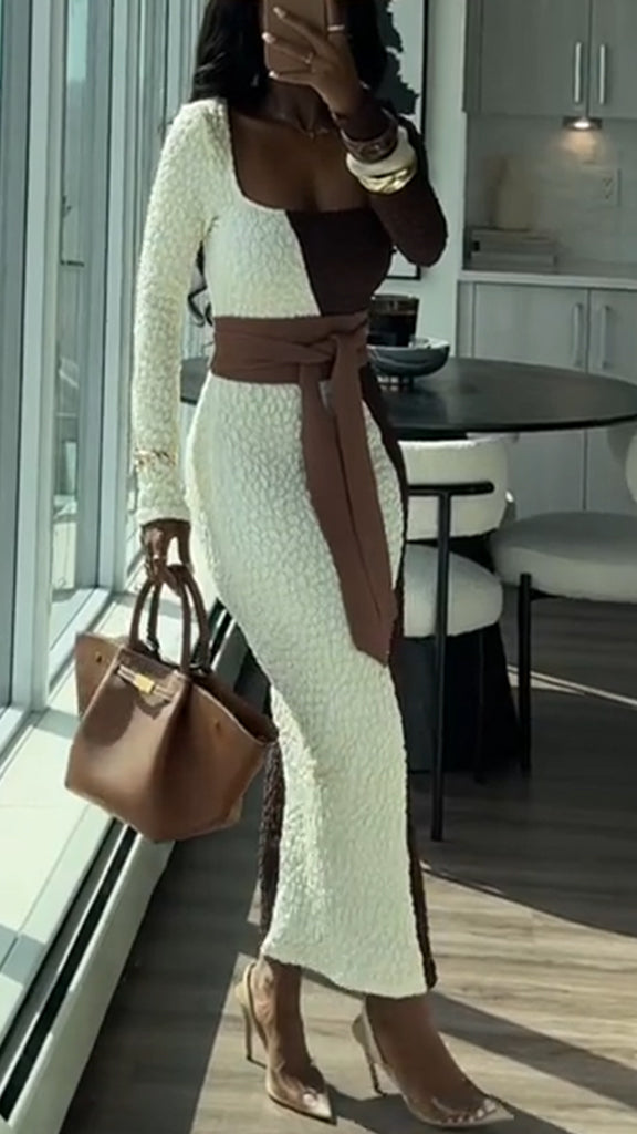 Women Square Neck Contrast Color Slim Fit Elegant Temperament Dress