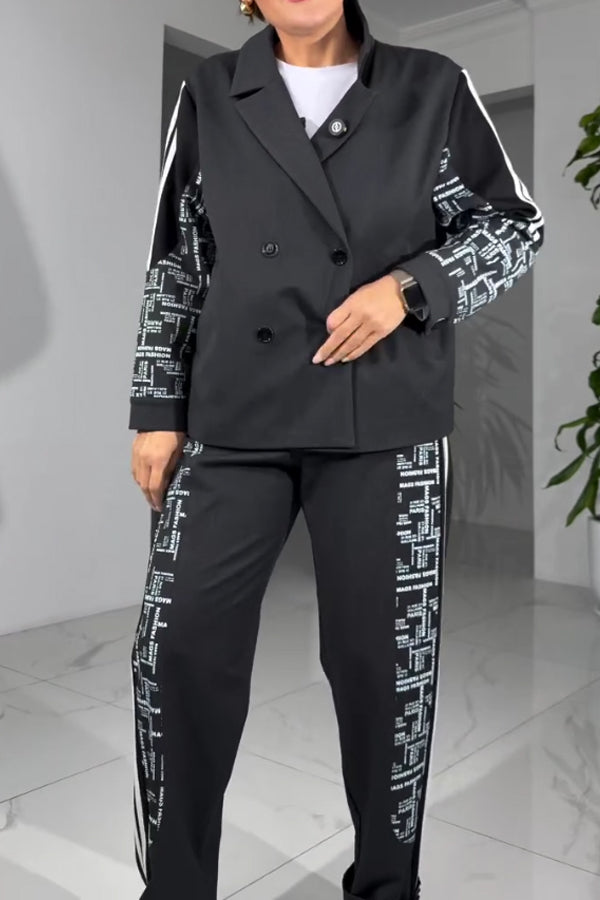 Women Casual Striped Stitching Letter Pattern Blazer + Pants Suit