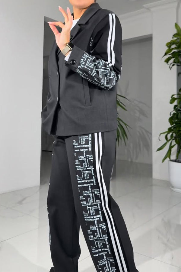 Women Casual Striped Stitching Letter Pattern Blazer + Pants Suit