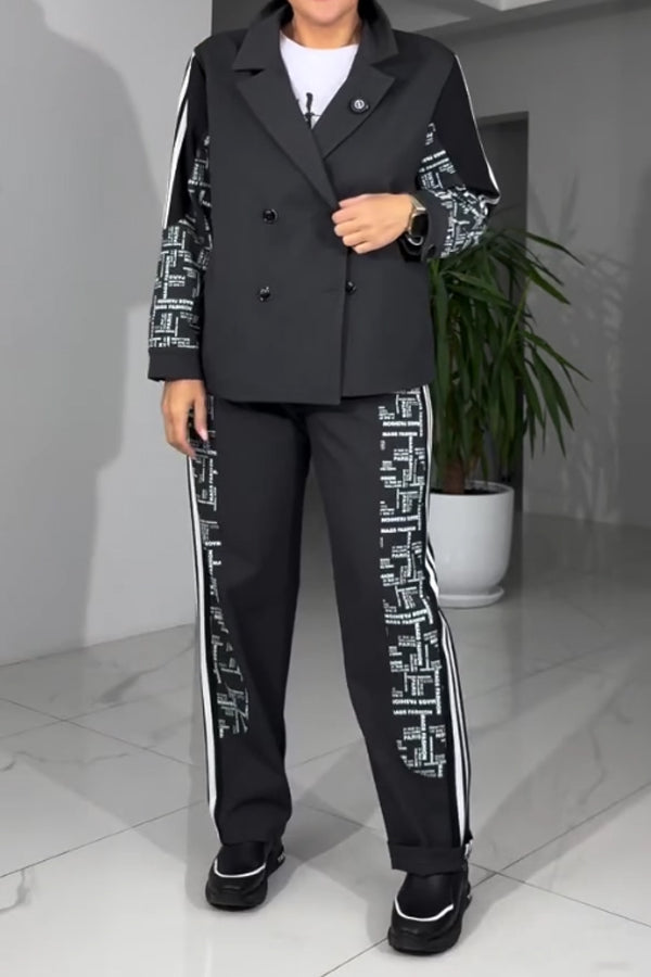 Women Casual Striped Stitching Letter Pattern Blazer + Pants Suit