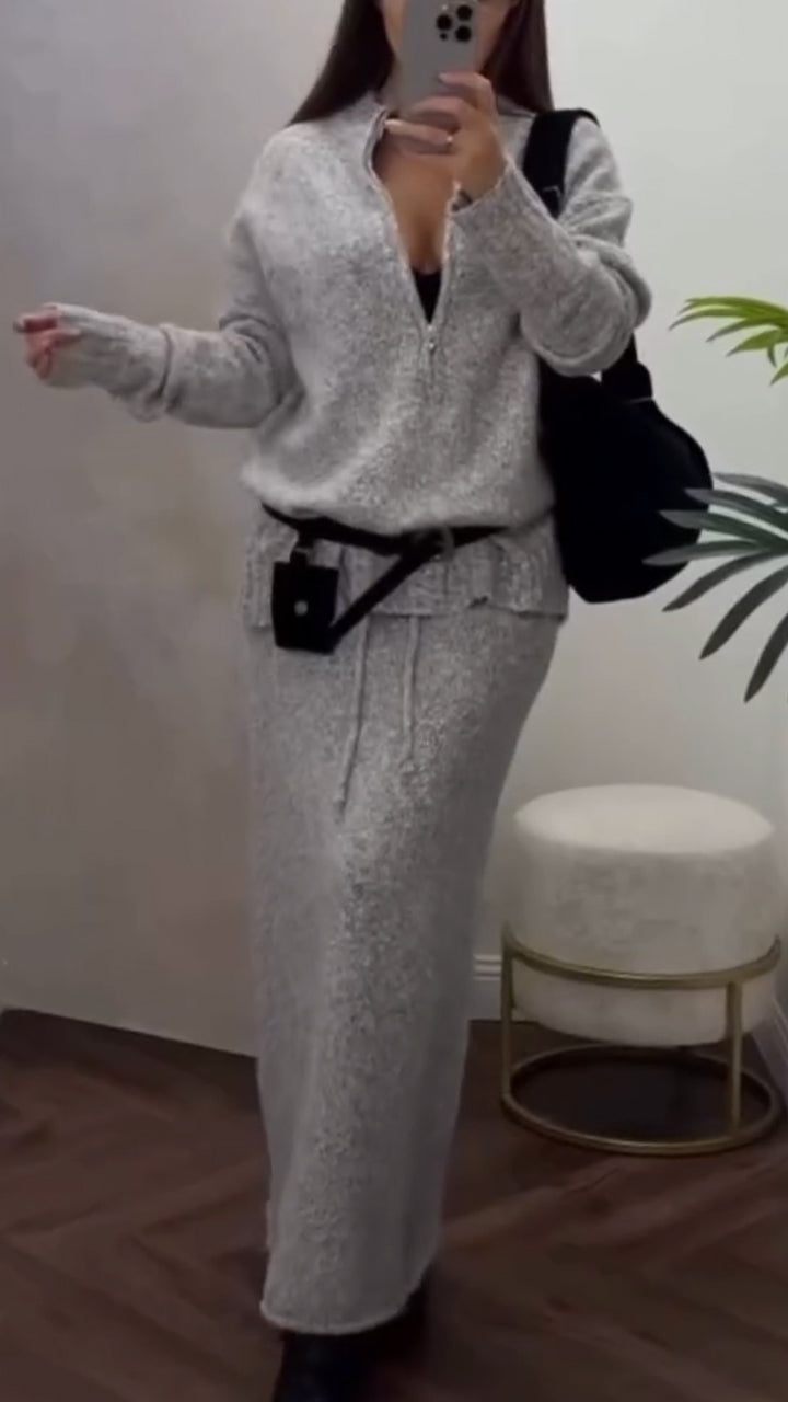 Women Round Neck Half-zip Top + Skirt Casual Suit