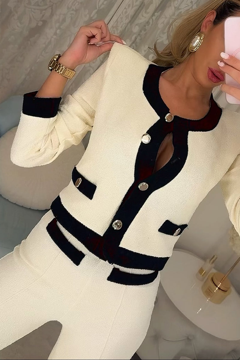 Women Round-neck Button-down Top + Pants Casual Suit