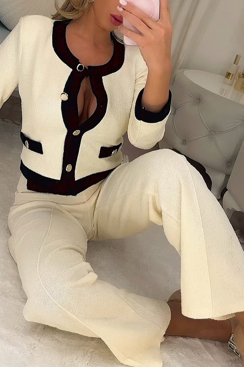 Women Round-neck Button-down Top + Pants Casual Suit