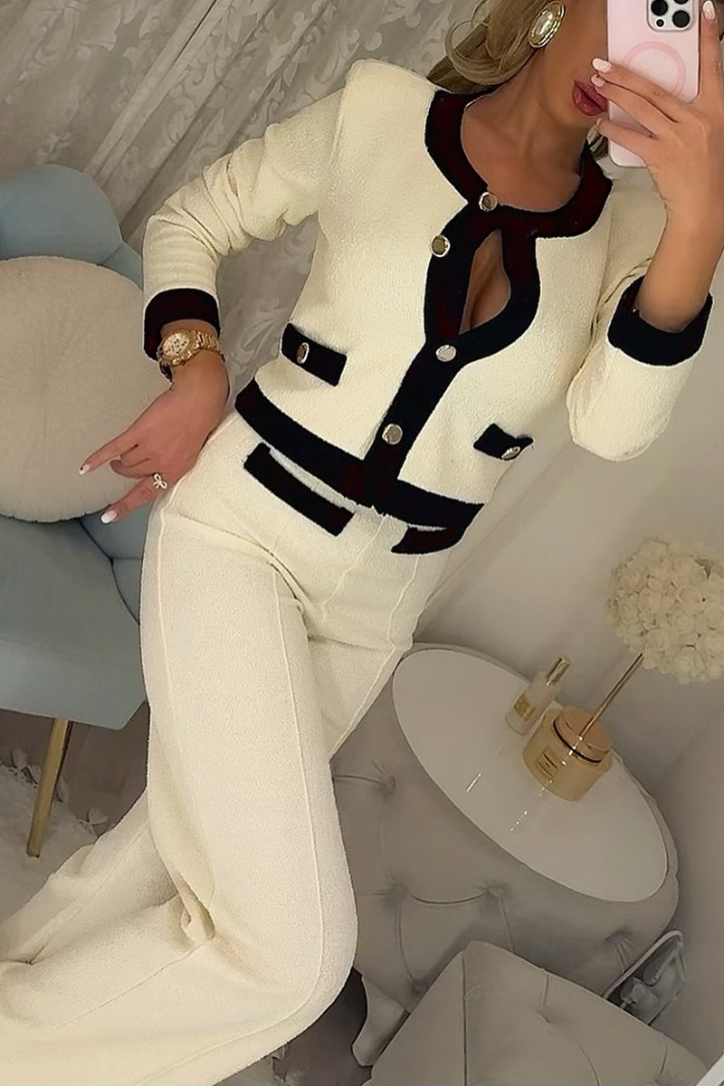 Women Round-neck Button-down Top + Pants Casual Suit