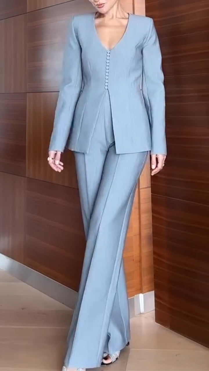 Women V-neck Small-breasted Jacket + Pants Solid Color Temperament Commuter Suit