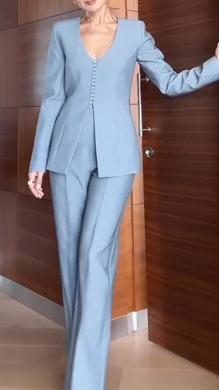 Women V-neck Small-breasted Jacket + Pants Solid Color Temperament Commuter Suit