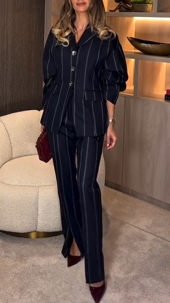Women Lapel Vertical Stripe Temperament Commuter Suit