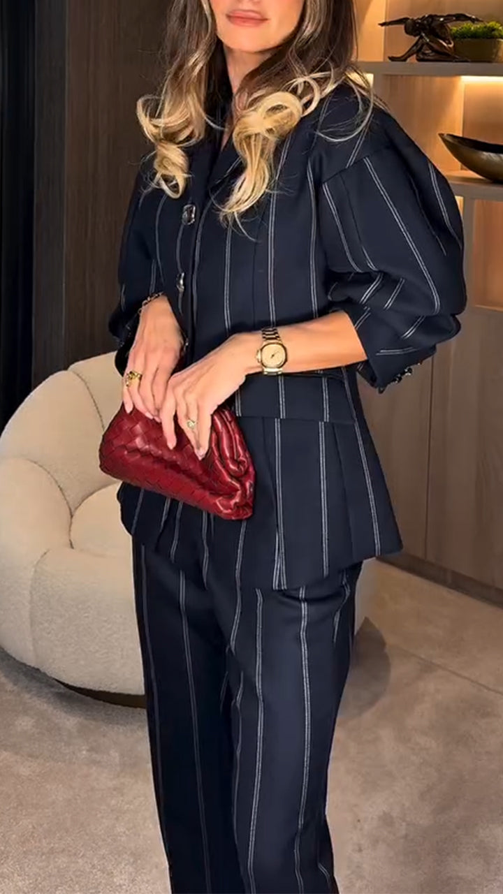 Women Lapel Vertical Stripe Temperament Commuter Suit